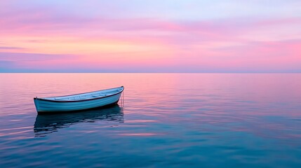 Fototapeta premium Serene Boat Floating on Calm Water at Sunset with Pastel Sky, Peaceful Lake Scenery.