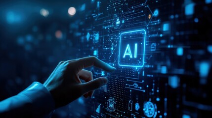 A hand reaches out to interact with a luminous artificial intelligence symbol on a high-tech digital interface