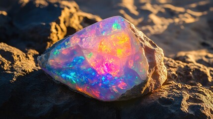 Obraz premium A mesmerizing opal stone with iridescent colors shifting under the sunlight --ar 16:9 --v 6.1 Job ID: b6aeae8b-2014-4410-864f-cbd788a12883