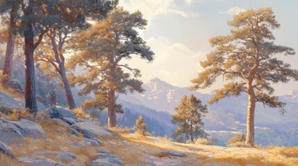 Scenic Mountain Landscape with Tall Trees and Blue Sky