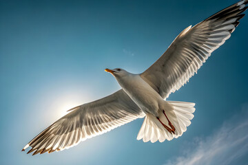 Obraz premium A low-angle shot looking up at a soaring gull