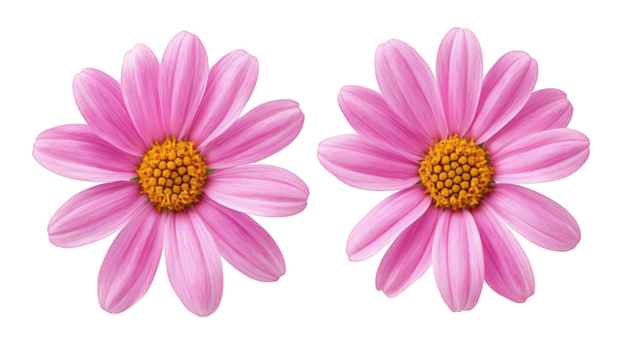 two pink flowers with yellow centers arranged symmetrically against a white background highlighting their vibrant colors and delicate petals