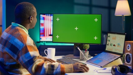 Financial analyst checking isolated chroma key and online balance to calculate cost and revenue...