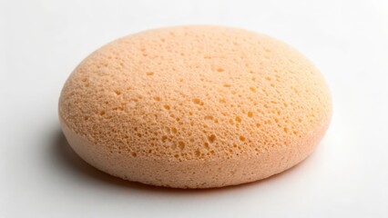 Peach-colored porous cosmetic sponge on white background