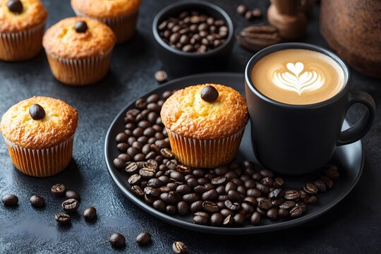 Delicious Muffins and Latte Coffee Beans