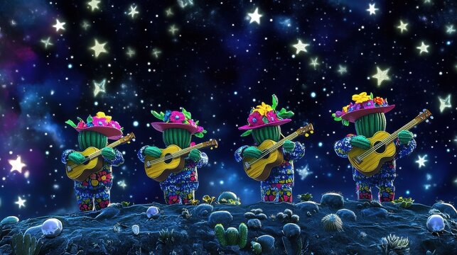 Four cactus characters play guitars under a starry night sky