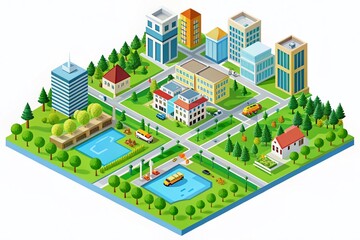 Isometric City Silhouette: Urban Landscape with Buildings, Streets, Park & River