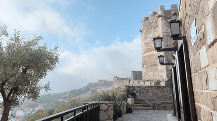 Panoramic View of Ancient Castle Walls and Cityscape from a Stone Terrace