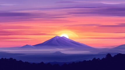 Serene Mountain Landscape with Vibrant Sunset in Purple Sky