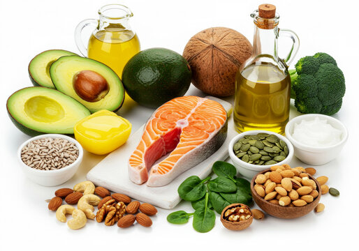 Food with high content of healthy fats isolated on white background