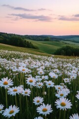Fototapeta premium White flower meadow on mountain landscape.