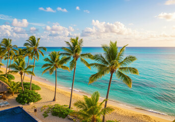 Palm trees on exotic coast beautiful sunshine sea sky background
