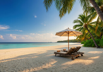 Obraz premium Panoramic tropical beach landscape for background or wallpaper, two lounge chairs with umbrella