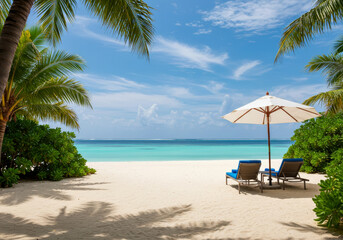 Fototapeta premium Panoramic tropical beach landscape for background or wallpaper, two lounge chairs with umbrella