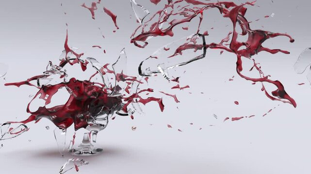 3D render of the wine glass shattered with the red wine splattered. 3D animation of a glass of red wine shattered on a white background.
