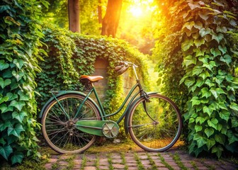 Fototapeta premium Ivy Covered Bicycle in Lush Green Landscape - Vintage Bike, Nature Photography