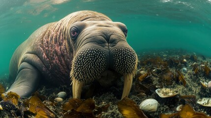 A large walrus is swimming underwater near some seaweed and rocks