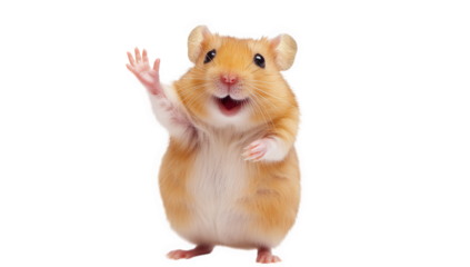 a cute fluffy hamster stands on its hind legs waving cheerfully with a joyful expression its round body and soft fur create an adorable appearance perfect for pet enthusiasts or animal lovers
