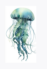 Watercolor illustration underwater animal jellyfish,  on a white background. For greeting cards, party decor, t-shirt printing
