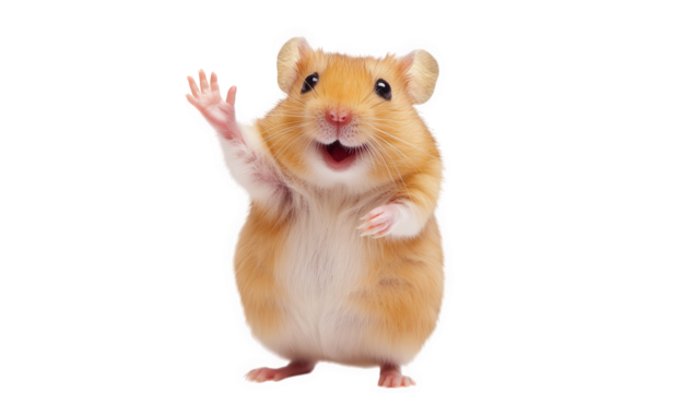 a cute fluffy hamster stands on its hind legs waving cheerfully with a joyful expression its round body and soft fur create an adorable appearance perfect for pet enthusiasts or animal lovers