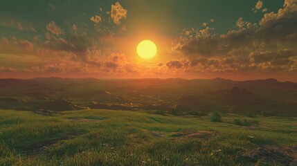 Obraz premium Sunrise Over Verdant Hills with Colorful Clouds and Golden Light