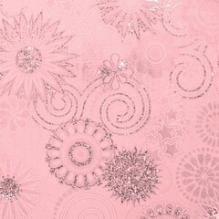 Pink glitter floral and swirl pattern with shimmering details. Soft decorative background ideal for feminine, party, and romantic design projects.