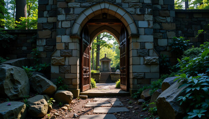 Obraz premium Serene garden entrance featuring ornate stone archway leading to a peaceful memorial space surrounded by lush greenery.