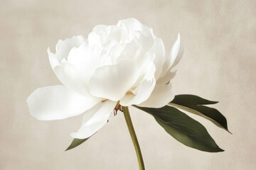 Obraz premium A white peony flower, with a long stem and large petals, on a beige background.