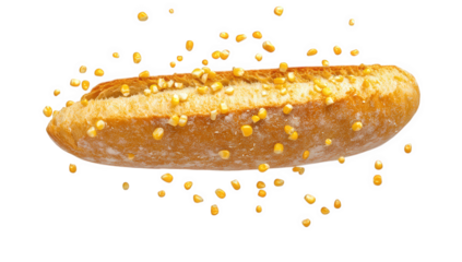 a floating bread roll with scattered corn kernels showcasing a playful food composition that emphasizes texture and color
