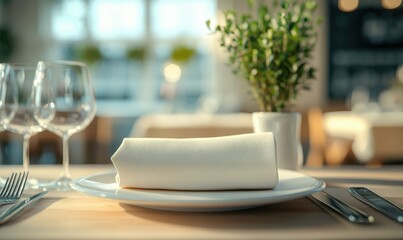 A soft fabric napkin folded neatly beside a beautifully plated gourmet meal, evoking sophistication and elegance