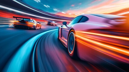Obraz premium Fast cars speeding around a track at night.