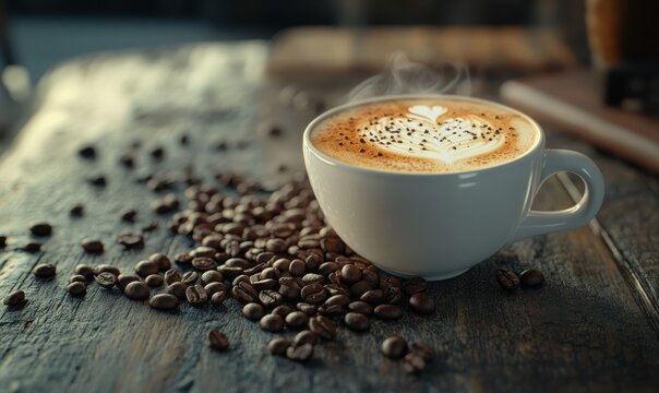 Freshly brewed cappuccino in a white ceramic cup, topped with intricate foam art and surrounded by coffee beans on a rustic wooden table .