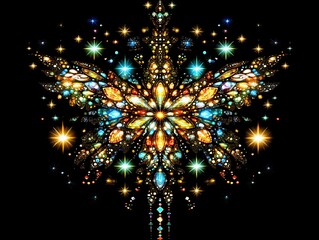 Fototapeta premium Dazzling iridescent crystal mosaic with radiant starbursts on dark backdrop