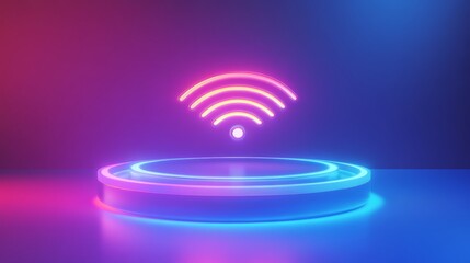 Fototapeta premium Neon Wifi Symbol on Futuristic Platform