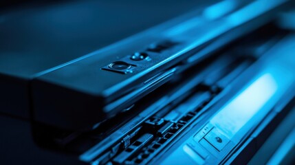 Close-Up of a Modern Scanner with Blue Lighting and Detailed Components