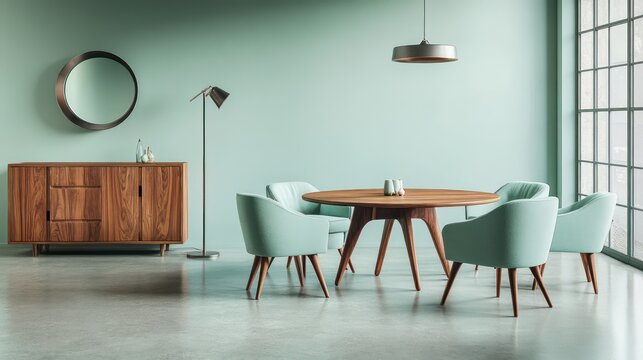 A stylish Scandinavian living room with seafoam green walls, featuring a round dining table in rich walnut wood