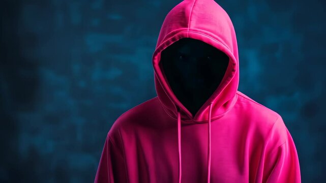 Hooded Figure in Pink Hoodie Symbolizing Cybersecurity and Anonymous Digital Presence in Front of Dark Background