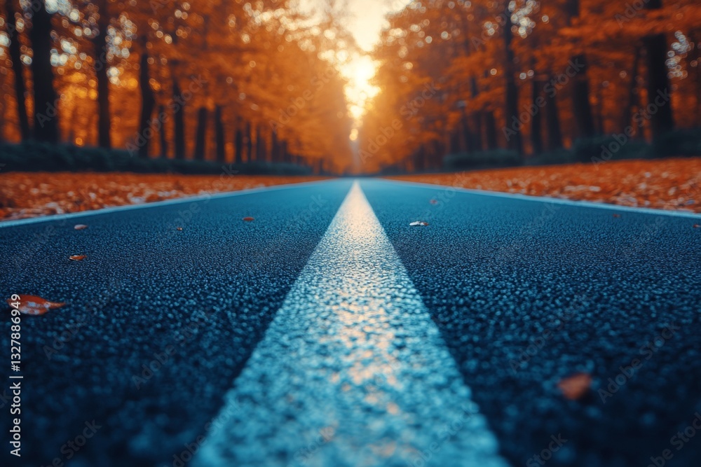 Aufkleber a winding road through a forest blanketed with fallen orange leaves reflects the warm glow of the su