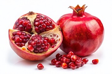 Juicy Pomegranate Fruit with Seeds Isolated on White Background - Stock Photo