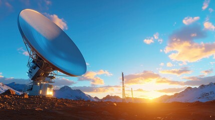 High Tech Mars Weather Station Transmits Storm Warnings with Satellite Dishes in Red Rock at Dusk