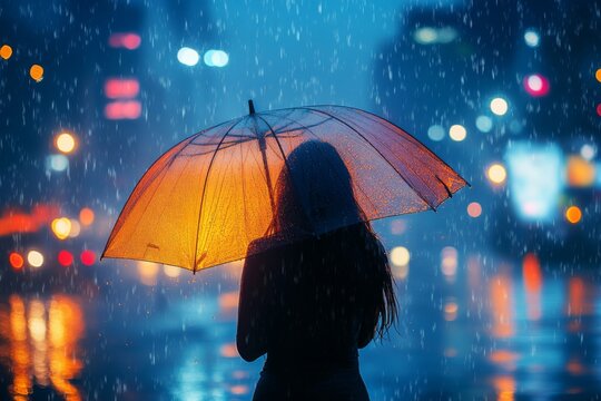 A silhouette of a person stands under an umbrella on a rainy city street, illuminated by reflections from bright lights and wet surfaces during twilight Generative AI