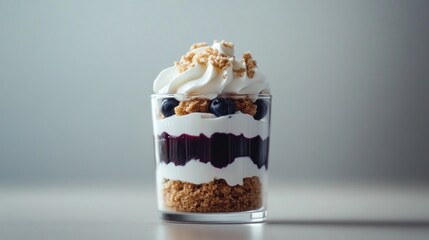 Deconstructed blueberry cheesecake parfait dessert in glass cup delight