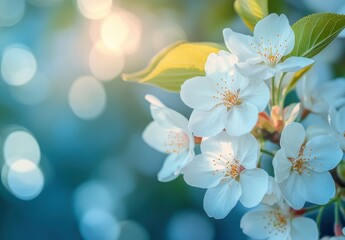 Fototapeta premium Delicate White Flowers Blooming Against Soft Blue Background with Gentle Bokeh Effect Creating a Serene and Dreamy Atmosphere for Nature Lovers