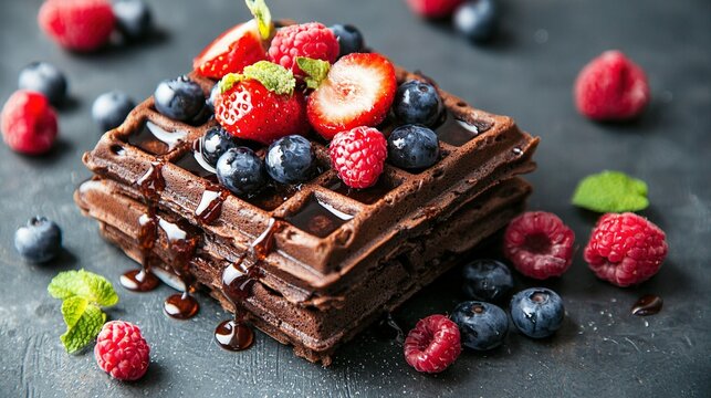   Chocolate waffle tower topped with fresh berries and chocolate drizzle