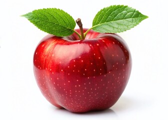 Juicy Ripe Red Apple with Green Leaves Isolated on White Background - Stock Photo