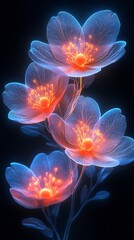 Obraz premium Futuristic glowing flowers with translucent petals and bioluminescent light in blue and orange hues on a dark background.