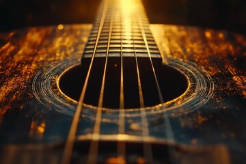 Fototapeta premium A vintage guitar rests quietly as sunlight streams through its body, highlighting its worn texture and inviting melodies. The peaceful atmosphere encourages creativity Generative AI