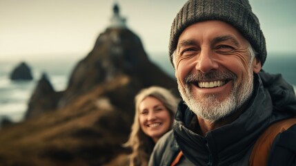 Happy senior man smiles at the camera during an outdoor adventure with his wife.