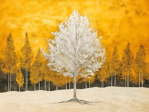 silver tree in golden forest: autumnal colors, misty scene, tranquil atmosphere