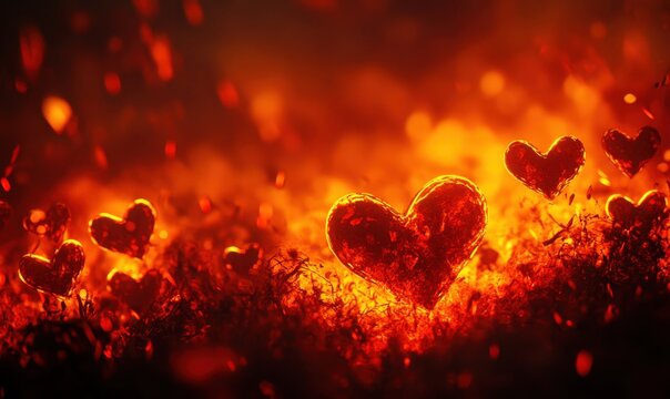 Burning hearts in fiery background, ideal for Valentine's or passion themes